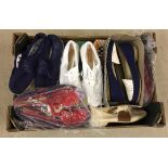 A box of mixed vintage ladies pumps & leisure shoes.