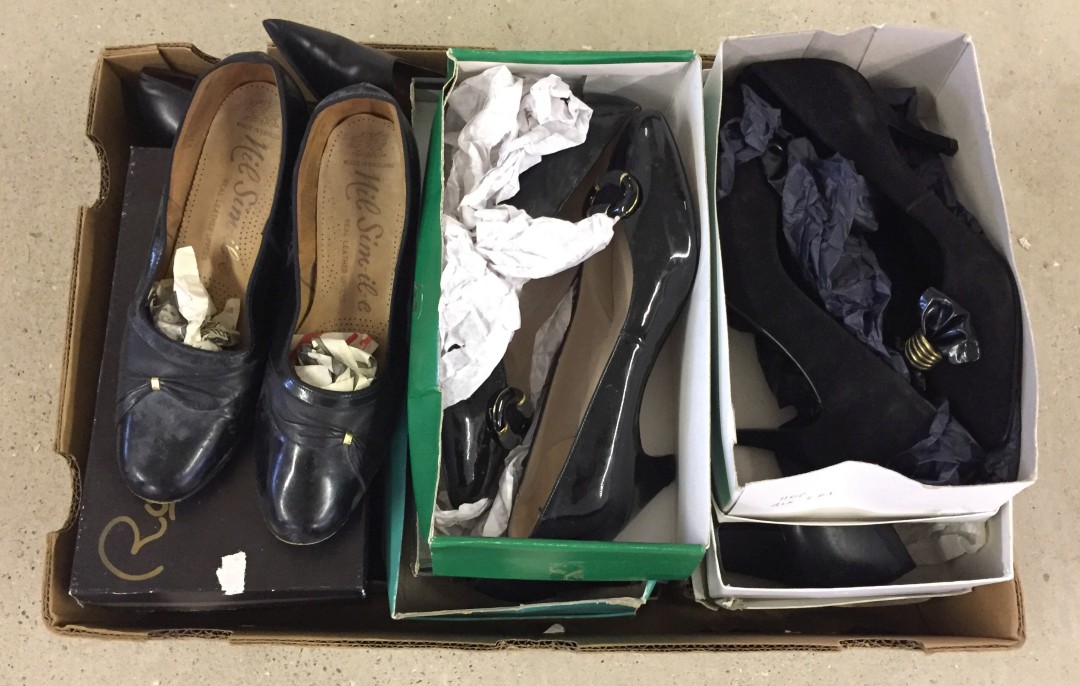 A box of 10 pairs of mixed vintage black leather, patent & suede shoes.