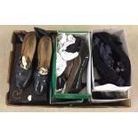 A box of 10 pairs of mixed vintage black leather, patent & suede shoes.