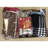 A box of vintage assorted cotton and woollen large scarves and shawls.