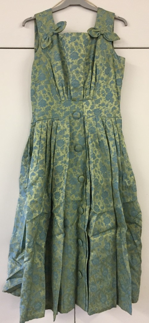 Green/gold/blue brocade dress. No label.