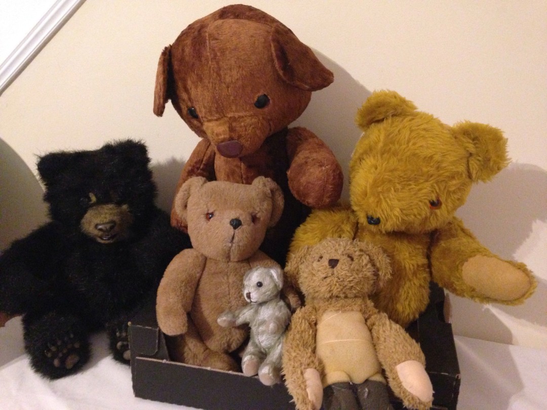 A box of miscellaneous vintage teddy bears.