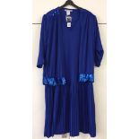 Calf-length dress and jacket. Blue with sequin edging. Charal.