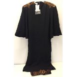 Ladies evening dress and belt. Calf length black batwing sleeved, bronze sequin & beads. Frank Usher