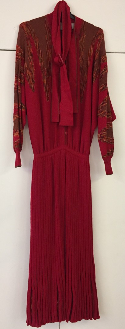 Batwing sleeve long wool dress, red pleated. Medici.