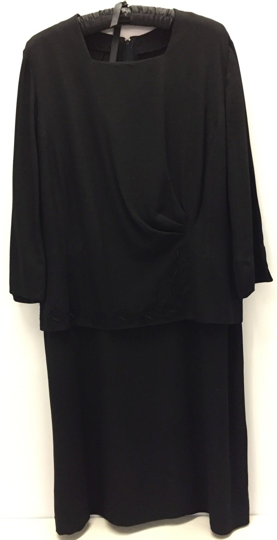 40s elephant black crepe dress with braid trim.