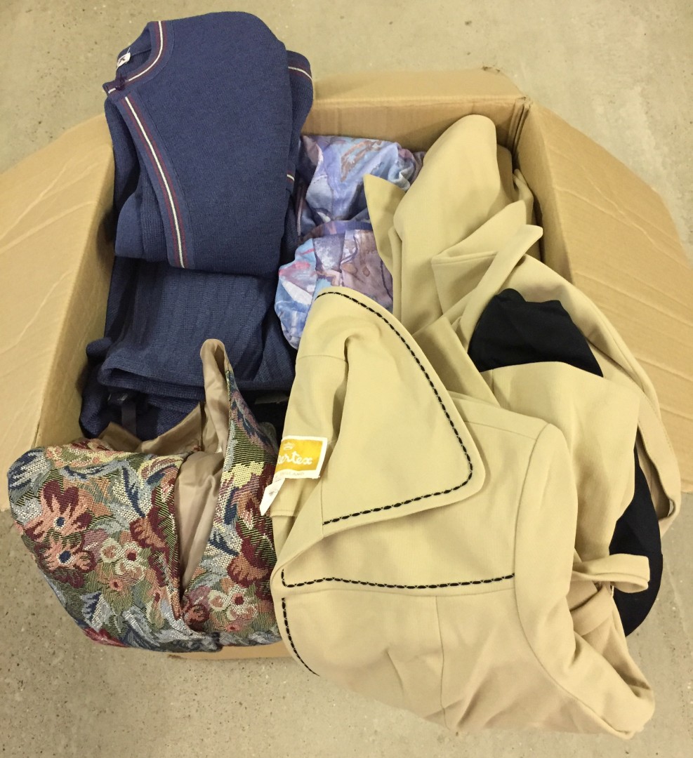 A large Box of womens suits, jackets, dresses and waistcoats.