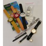A box of watches and straps to include a ladies Omega watch face.
