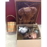 A quantity of metalware to include copper & brass bucket, elephant picture, kettle & skillet