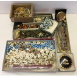 A quantity of vintage costume jewellery to include faux pearls, glass beaded necklaces and compacts.