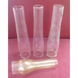 4 vintage glass oil lamp chimneys, 3 'Aladdin' heat resistant and one un-named