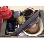 A box of assorted metalware to include enamelled kettles & bowls