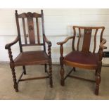 2 Victorian carvers (one high back) with carved detail to backs.