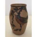 A Danish studio pottery vase with hand painted bird decoration.