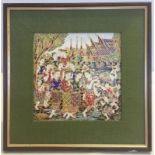 A Thai/Burmese framed ceramic tile with hand painted scene, frame size approx 30 x 30 cm.