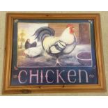 A framed & glazed print of a chicken in a pine frame.