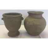 2 stoneware pots. A round bulbous vase together with a 2 handled urn.