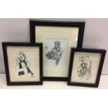 3 framed and glazed sketches of jazz musicians.