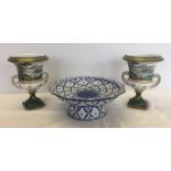 A pair of Dresden style ceramic two handled urns, together with an oriental ceramic comport.