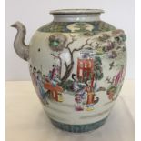 A large hand painted, lidded Chinese ceramic pot with spout.