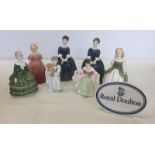 A collection of 7 Royal Doulton figures together with a Royal Doulton ceramic plaque.