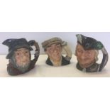 3 large Royal Doulton character jugs; Robin Hood D6527 , The Busker D6775 & Rip Van Winkle D6438.