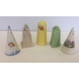 5 vintage ceramic sugar sifters to include 2 conical shaped sifters.
