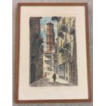 A hand coloured print of a Spanish street, signed Velez.