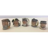 5 small Royal Doulton character jugs.