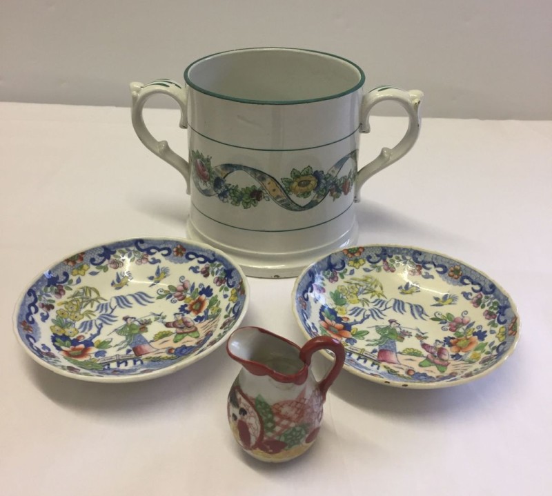 2 Hilditch saucers, a small Kutani jug (7cm tall) and a Staffordshire loving cup.