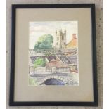 Noel Bray watercolour of bridge, church & rooftops.