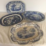 4 Victorian large blue and white meat plates.