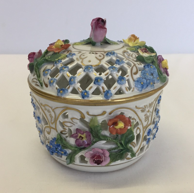 Early 20th century Dresden pierced potpourri bowl with lid.