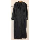 Black ankle-length faux leather maxi/60s coat.