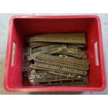 A box of tin plate Hornby-Dublo 3 rail train track to include points.