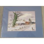 An unframed mounted watercolour of barns in winter. Signed David Balore