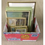 A box of mixed framed & glazed vintage prints.