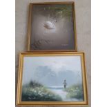 2 framed oils on canvas of a swan, and a boy on a beach