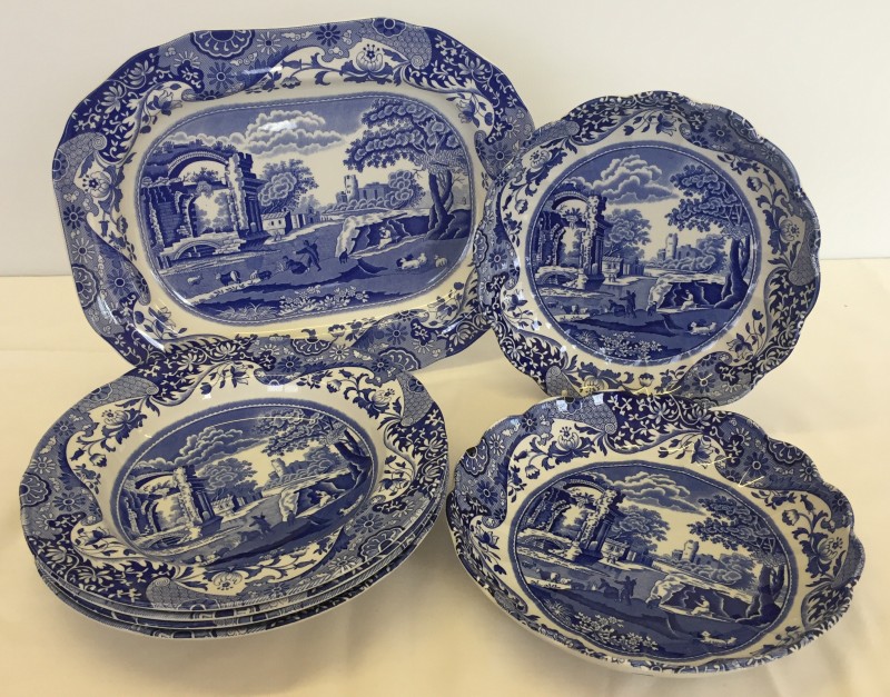 A small collection of blue and white Spode ceramics. Italian Spode design