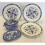 3 Minton Gower pattern plates. Together with a blue and white lidded sauce bowl and saucer.
