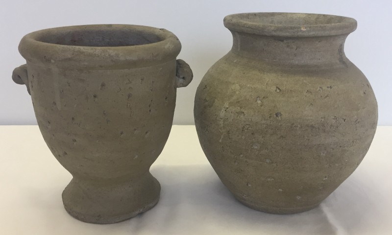 2 stoneware pots. A round bulbous vase together with a 2 handled urn.