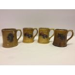 4 Wade tankards with tan brown glaze. 3 with classic car decoration.