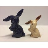 2 Sylvac lop eared rabbits. A large blue gloss glaze figurine, model #1303