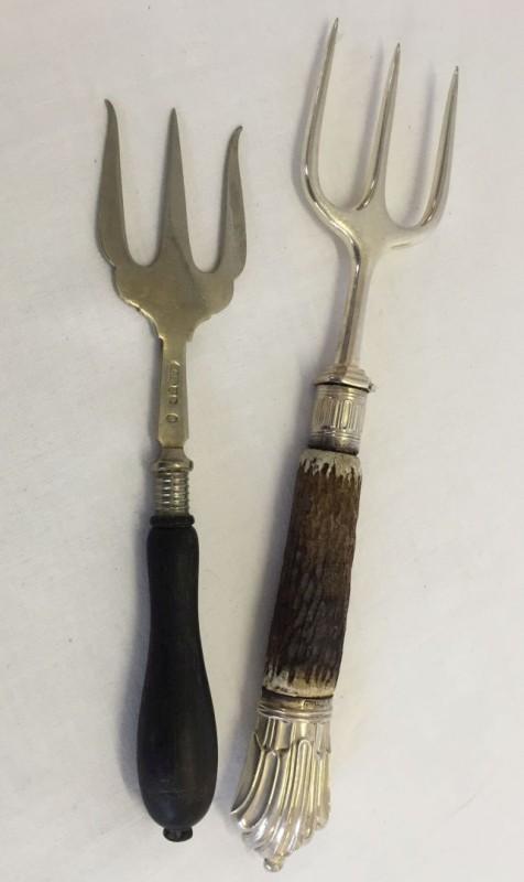 A Victorian silver bread fork with horn handle. Sheffield 1896 together with an EPNS bread fork.