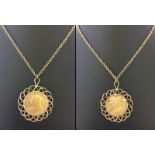 A Victorian 1896 gold sovereign set in an ornate 9ct gold mount on a 9ct gold rope chain.