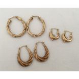 3 pairs of 9ct gold earrings.