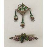 Silver Art Nouveau brooch with enamelled fuchsia design, together with a micro mosaic brooch.