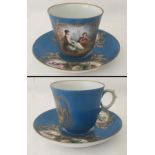 A blue and gilt Sevres cup and saucer with floral decoration to saucer.