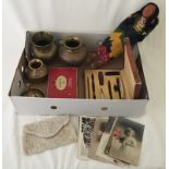 A box of misc. items to include brassware, boxed manicure set, vintage beaded evening bag.