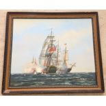 A framed Oil on board of Napoleonic sea vessel